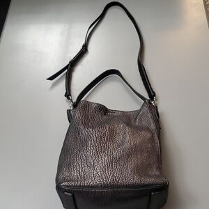 All Saints Black/Grey Pebble Textured Shoulder Bucket Bag Voltaire SM NS Tote